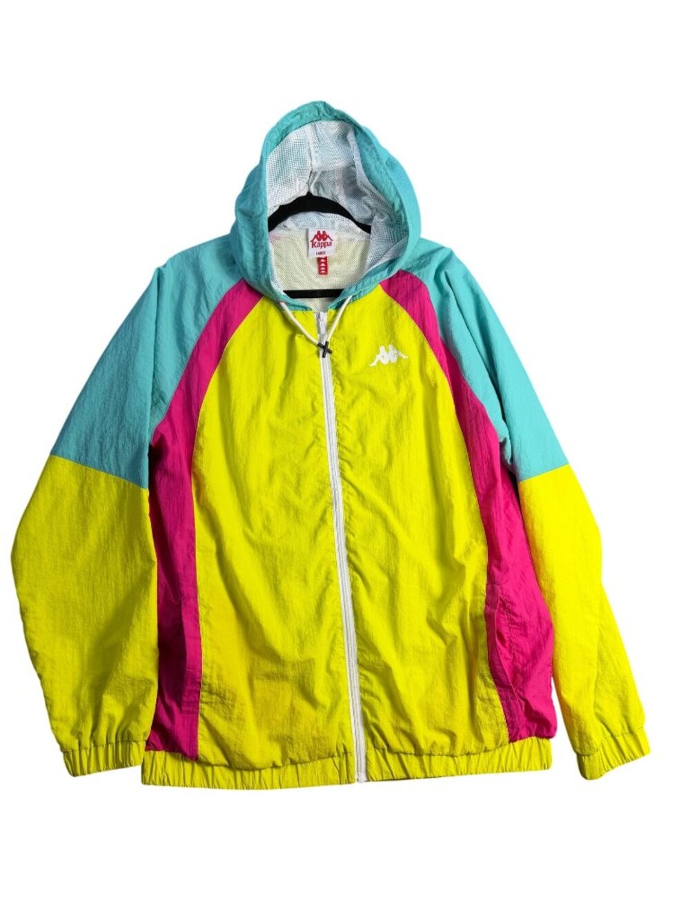 Kappa Colorblock Hooded Windbreaker Jacket Yellow Pink Teal Large